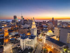 Buffalo, New York, USA downtown city skyline at golden hour.